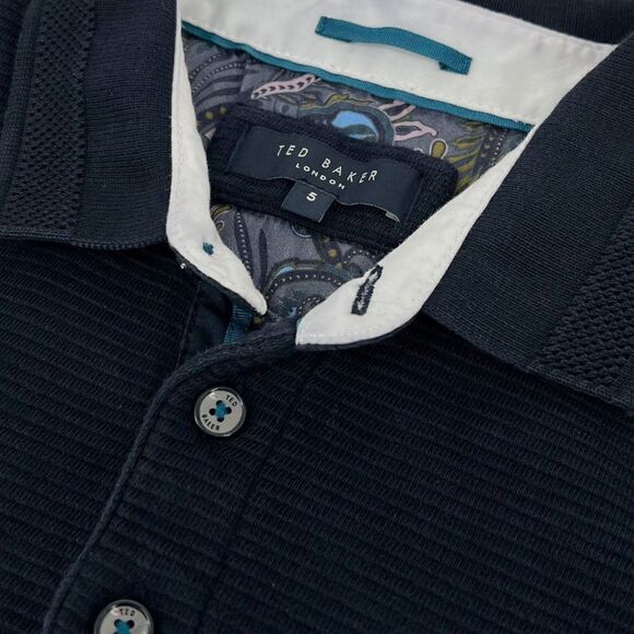 Ted Baker London Men's Terned Ribbed Long Sleeve Polo Shirt Navy Blue XL - Picture 1 of 11